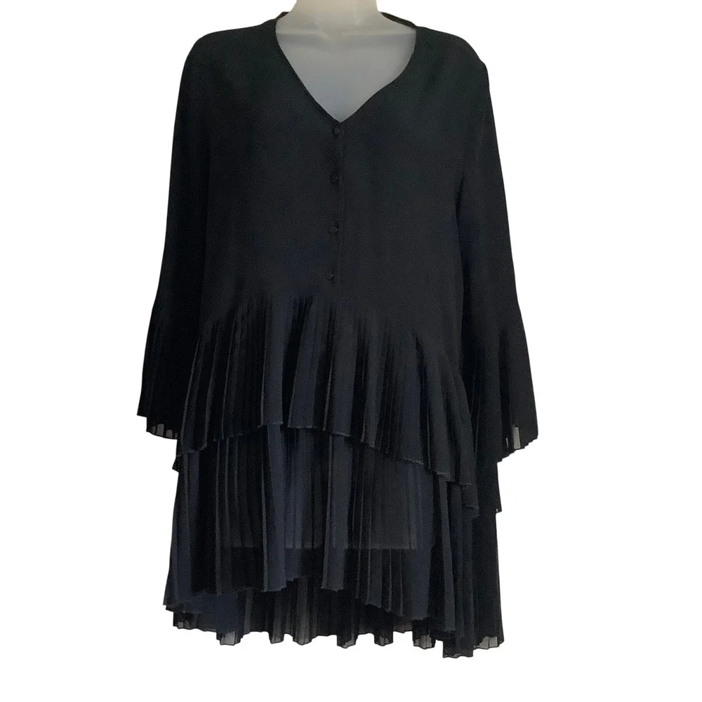 Zara Womens Black Tiered Pleated Mini Dress V-Neck Long Sleeve Size Large